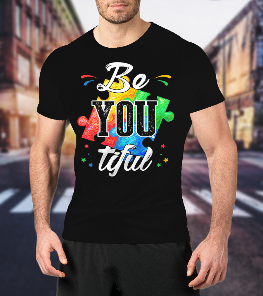 Be You Tiful Autism Awareness Colorful Puzzle Pieces With Stars T-Shirt