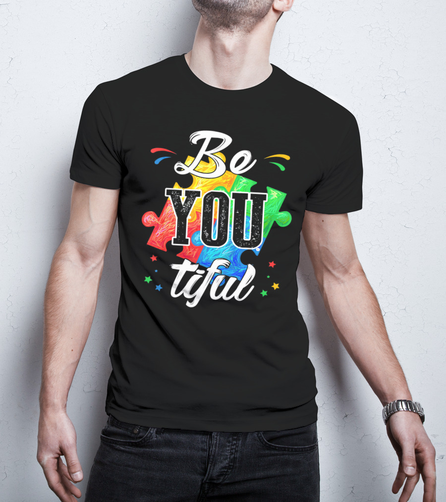 Be You Tiful Autism Awareness Colorful Puzzle Pieces With Stars T-Shirt