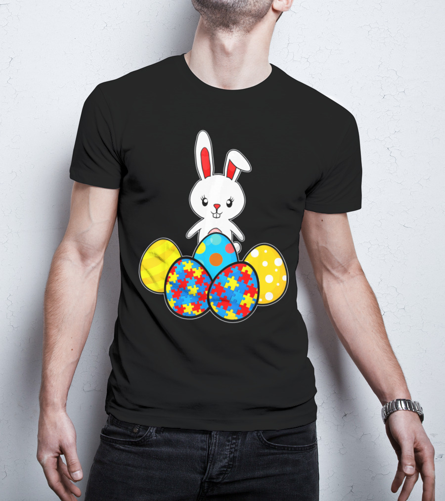 Easter Bunny With Autism Awareness Puzzle Pattern Eggs T-Shirt