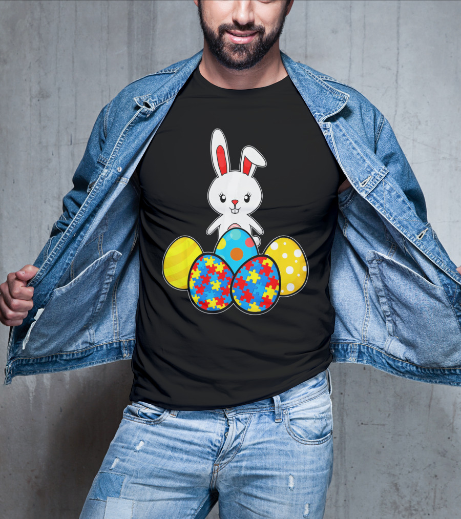 Easter Bunny With Autism Awareness Puzzle Pattern Eggs T-Shirt
