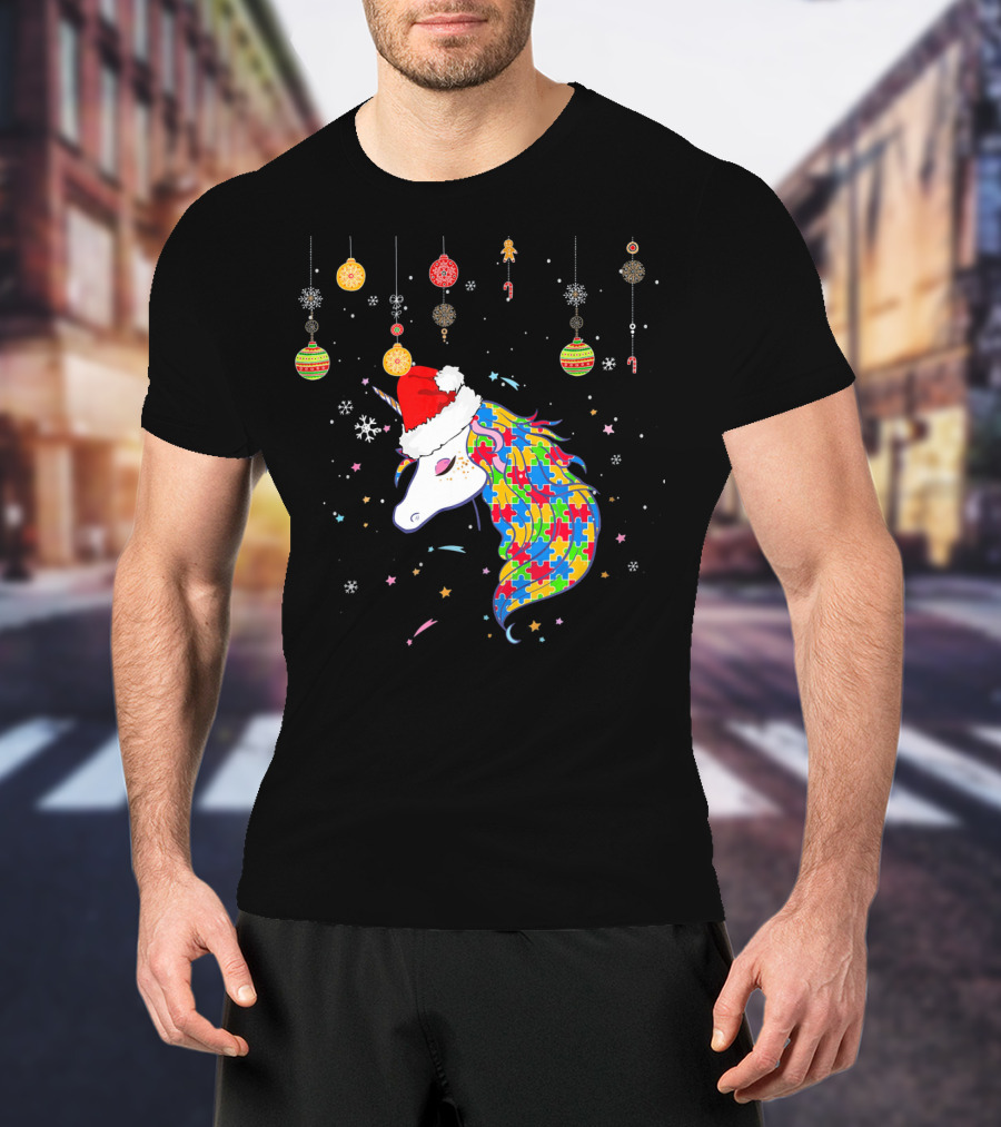 Christmas Unicorn Santa Hat Autism Puzzle T-Shirt
