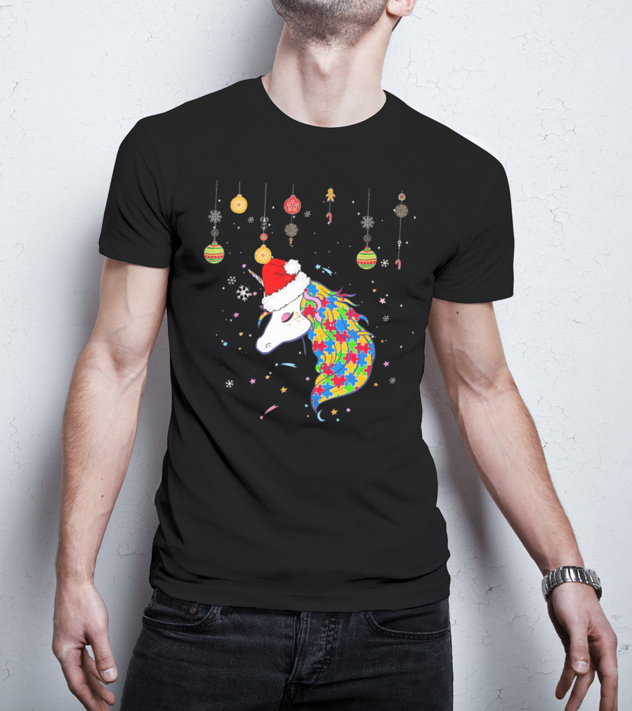 Christmas Unicorn Santa Hat Autism Puzzle T-Shirt