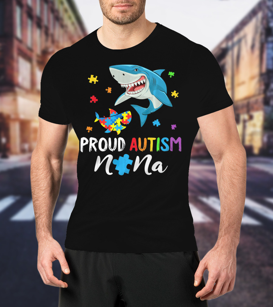 Proud Autism Nana Shark With Colorful Puzzle Pieces T-Shirt