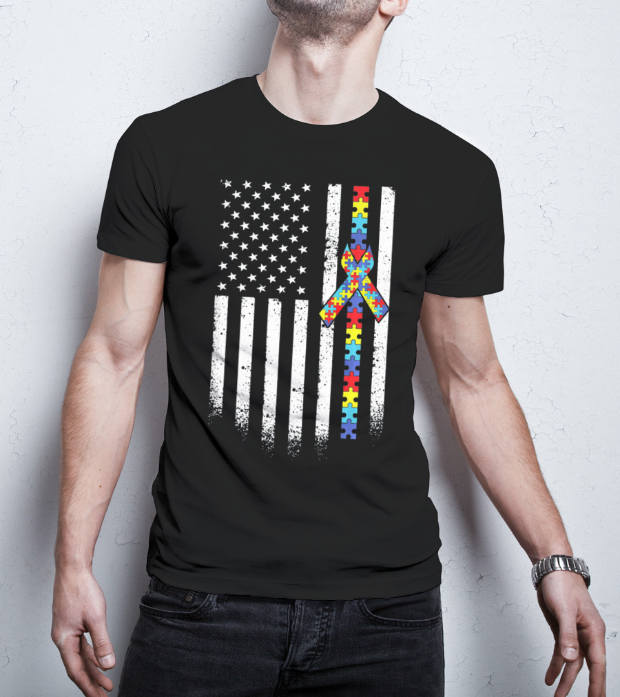 Autism Awareness American Flag With Puzzle Piece T-Shirt