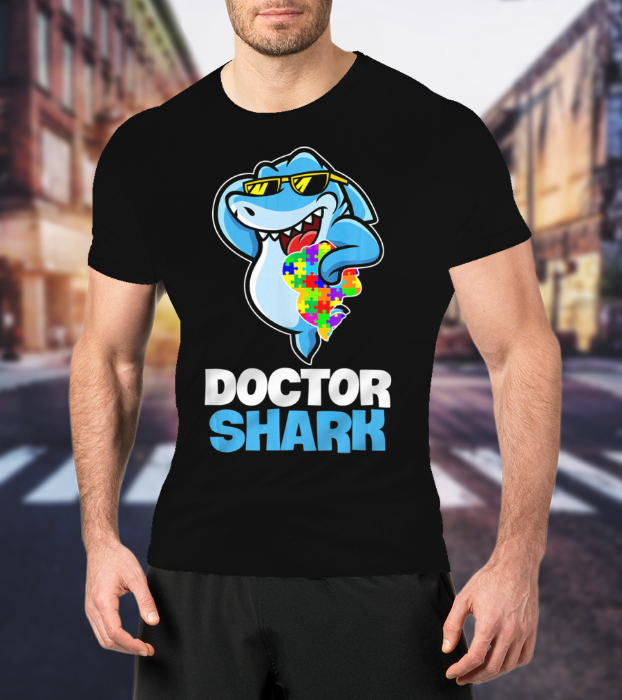 Doctor Shark Sunglasses Holding Autism Puzzle Heart T-Shirt