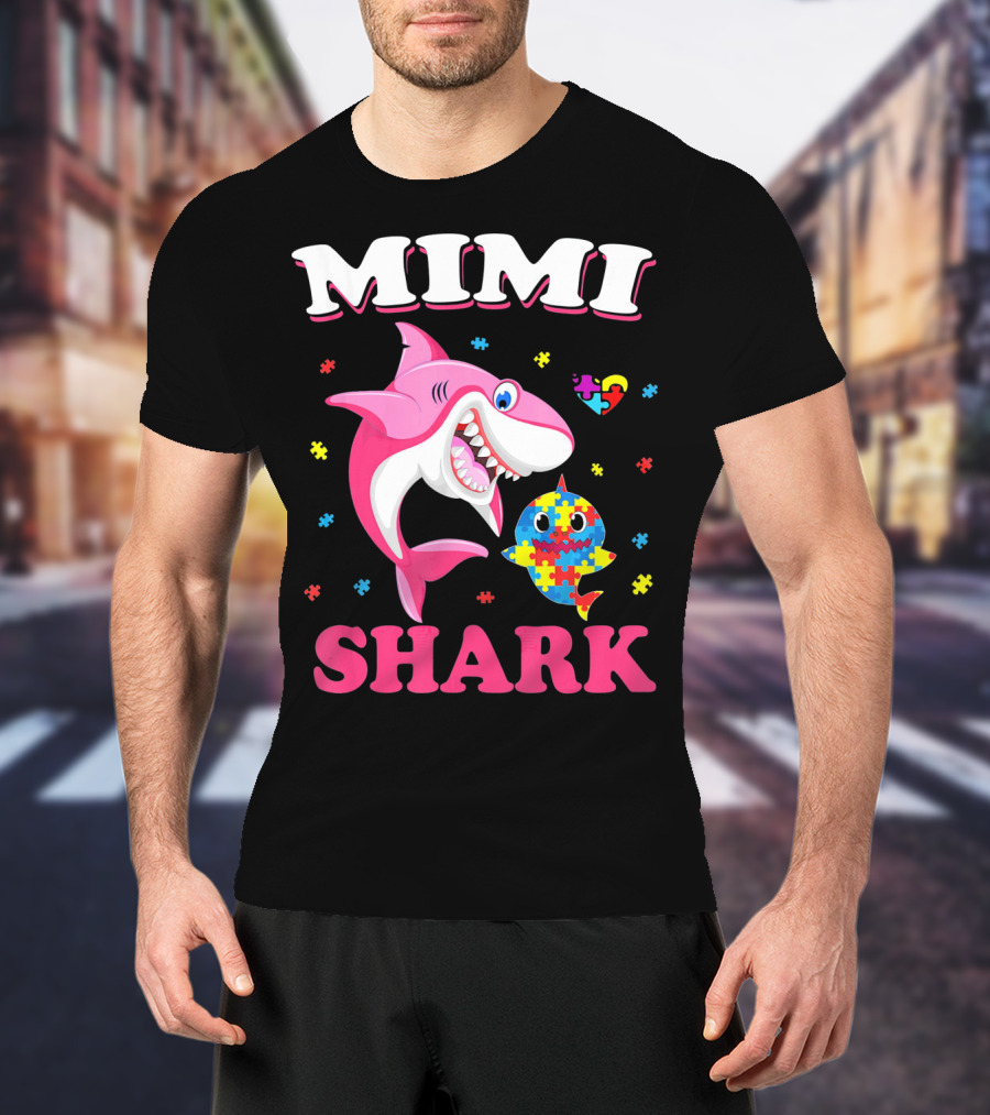 Mimi Shark Autism Awareness Puzzle Heart Colorful Sharks T-Shirt