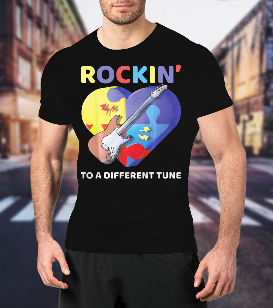 Rockin' To A Different Tune Autism Awareness Guitar Heart Puzzle T-Shirt