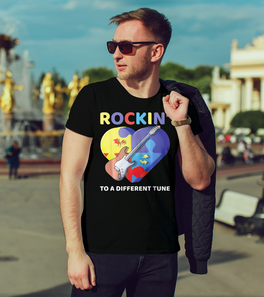 Rockin' To A Different Tune Autism Awareness Guitar Heart Puzzle T-Shirt