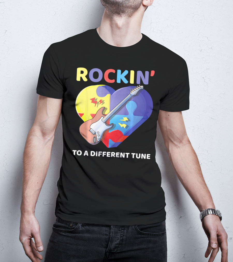 Rockin' To A Different Tune Autism Awareness Guitar Heart Puzzle T-Shirt