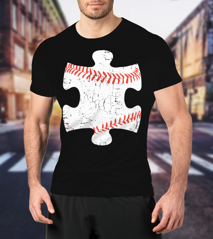 Baseball Stitch Puzzle Piece Autism Awareness T-Shirt