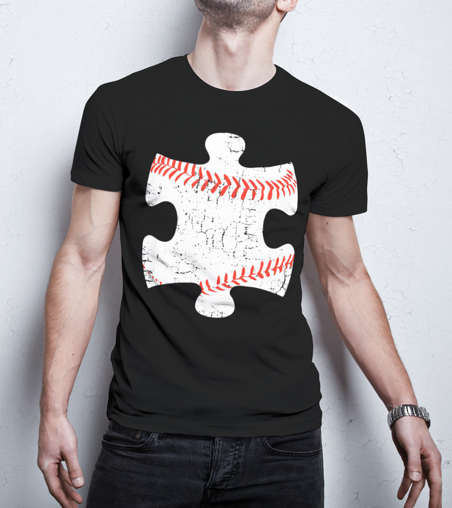 Baseball Stitch Puzzle Piece Autism Awareness T-Shirt