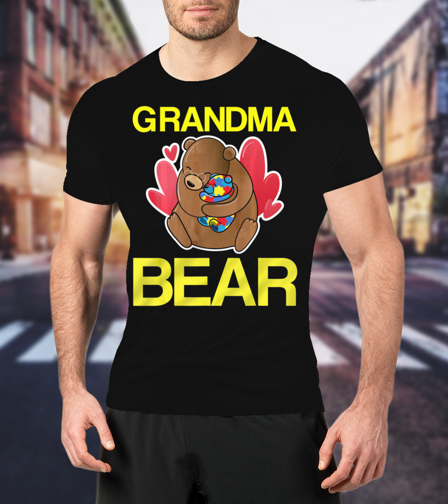Grandma Bear Hugging Bear With Autism Puzzle Heart Balloon T-Shirt