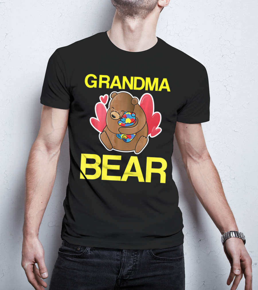 Grandma Bear Hugging Bear With Autism Puzzle Heart Balloon T-Shirt