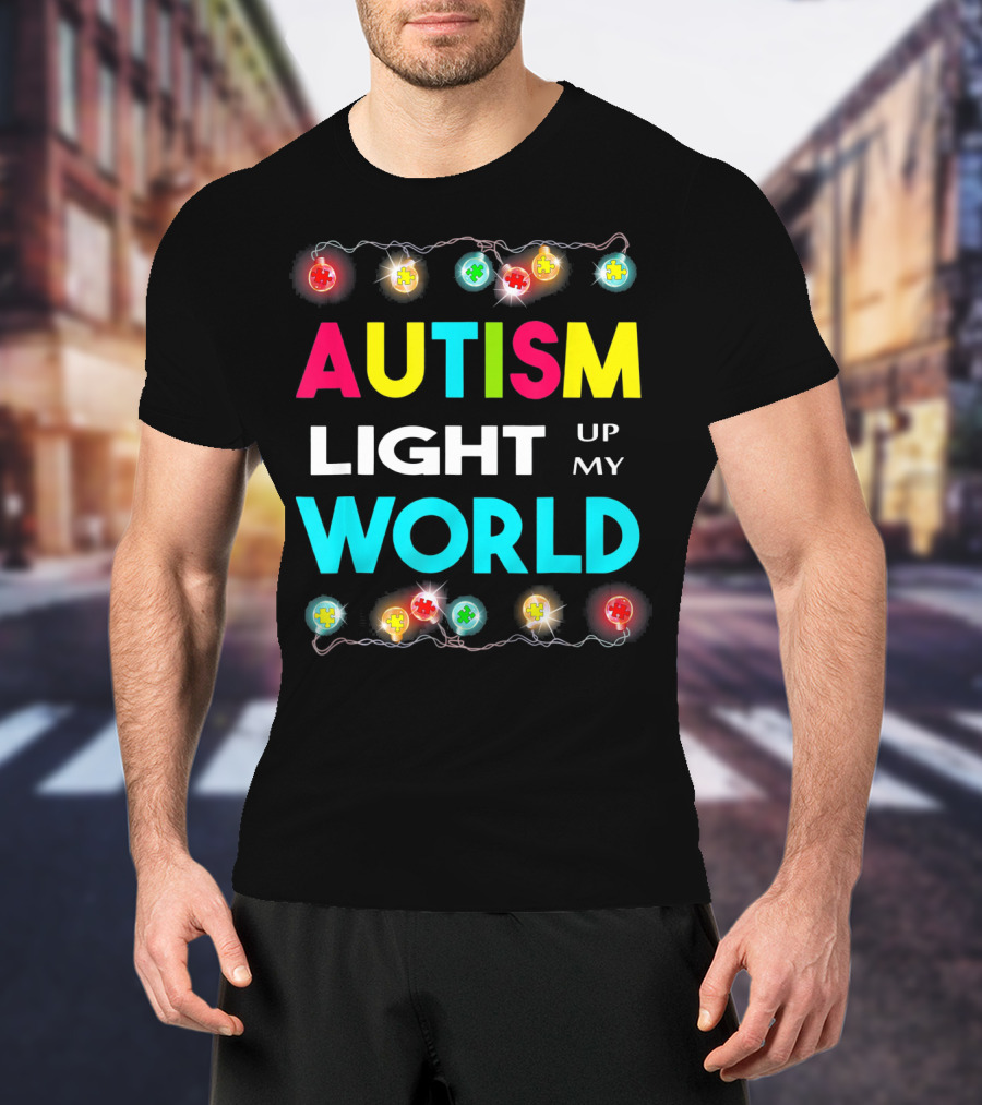 Autism Light Up My World Autism Awareness Puzzle String Lights T-Shirt