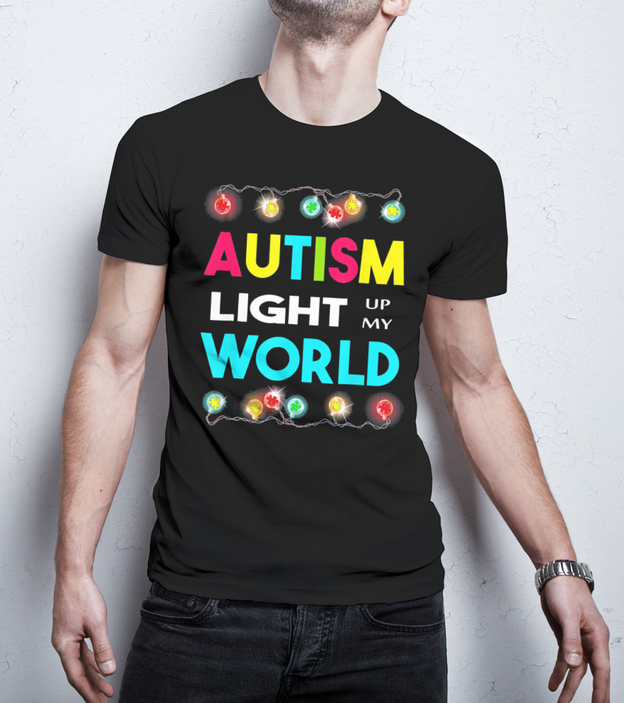 Autism Light Up My World Autism Awareness Puzzle String Lights T-Shirt