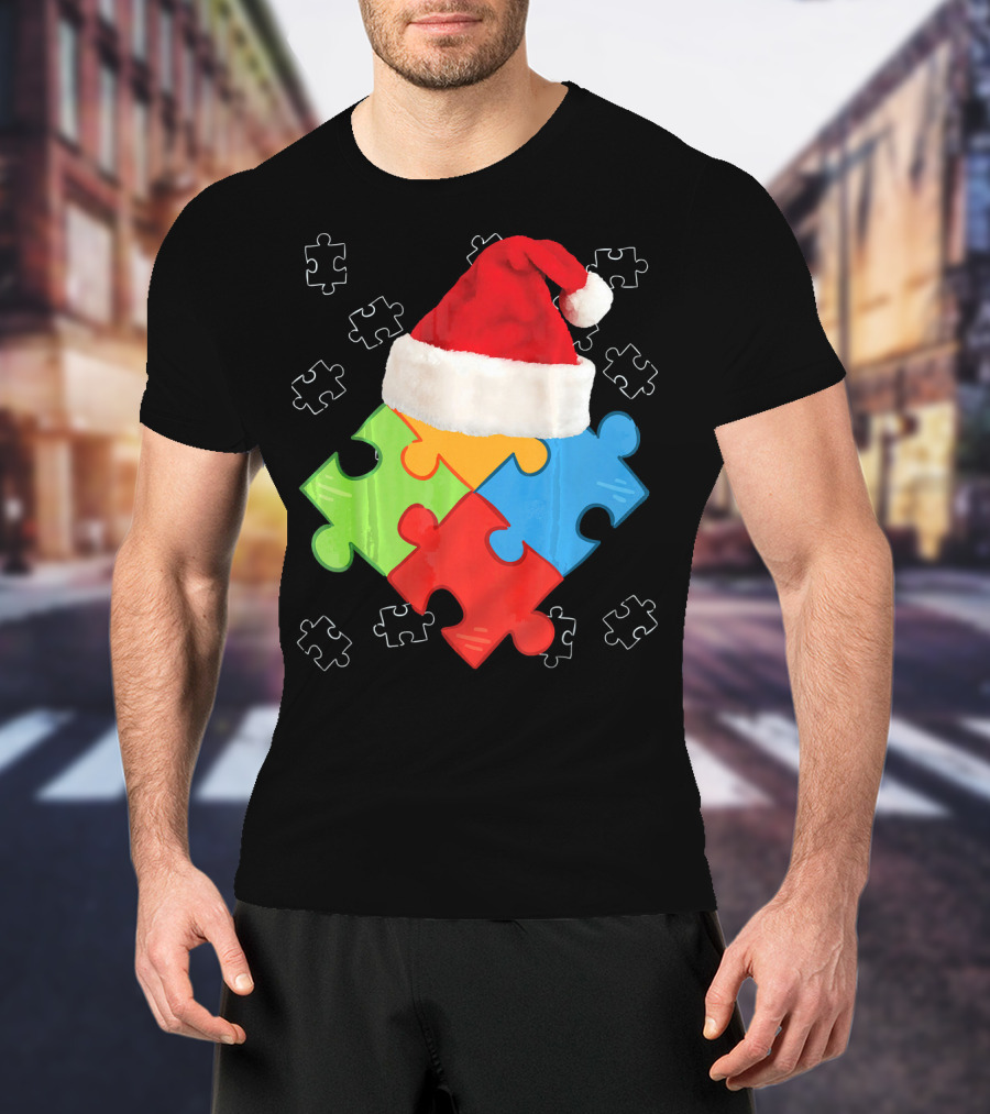 Autism Puzzle Pieces With Santa Hat Holiday T-Shirt