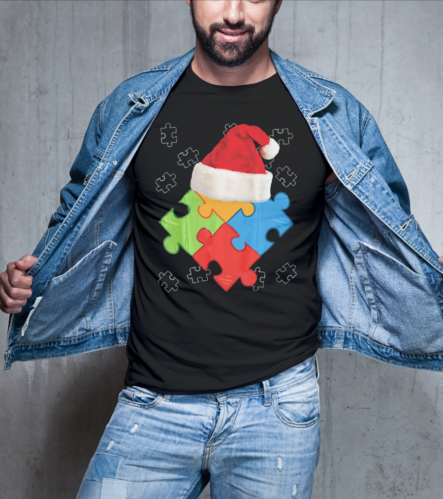 Autism Puzzle Pieces With Santa Hat Holiday T-Shirt