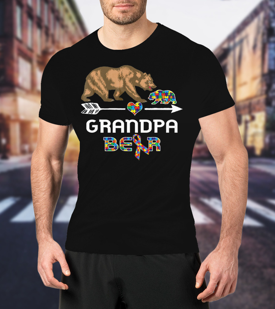 Grandpa Bear Autism Awareness Puzzle Heart And Ribbon T-Shirt
