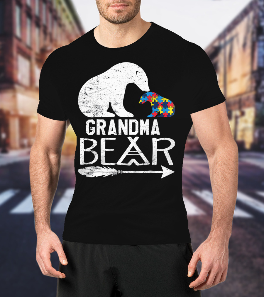 Grandma Bear Autism Awareness Puzzle Piece Arrow T-Shirt