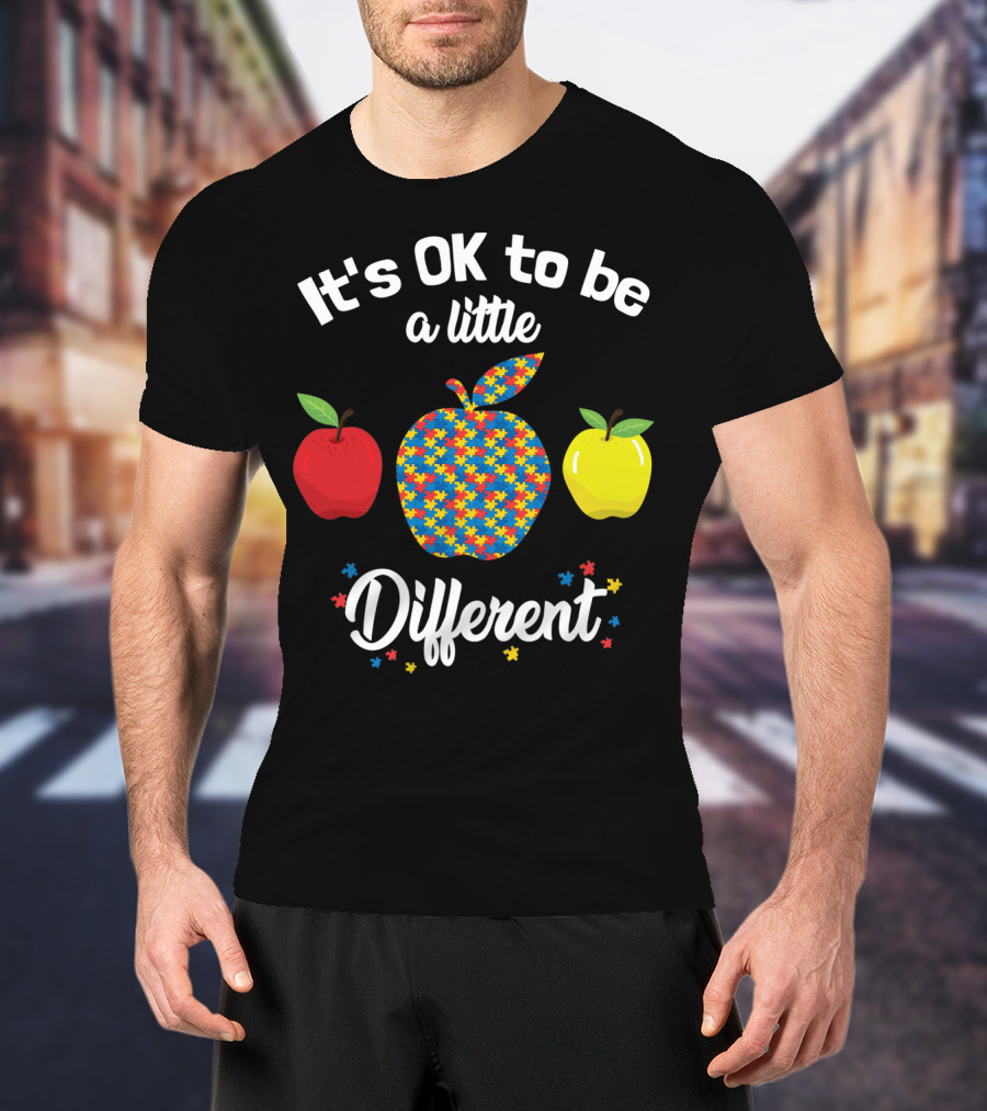 It's OK To Be A Little Different Apple Teacher Aut Puzzle Pattern Red Yellow T-Shirt