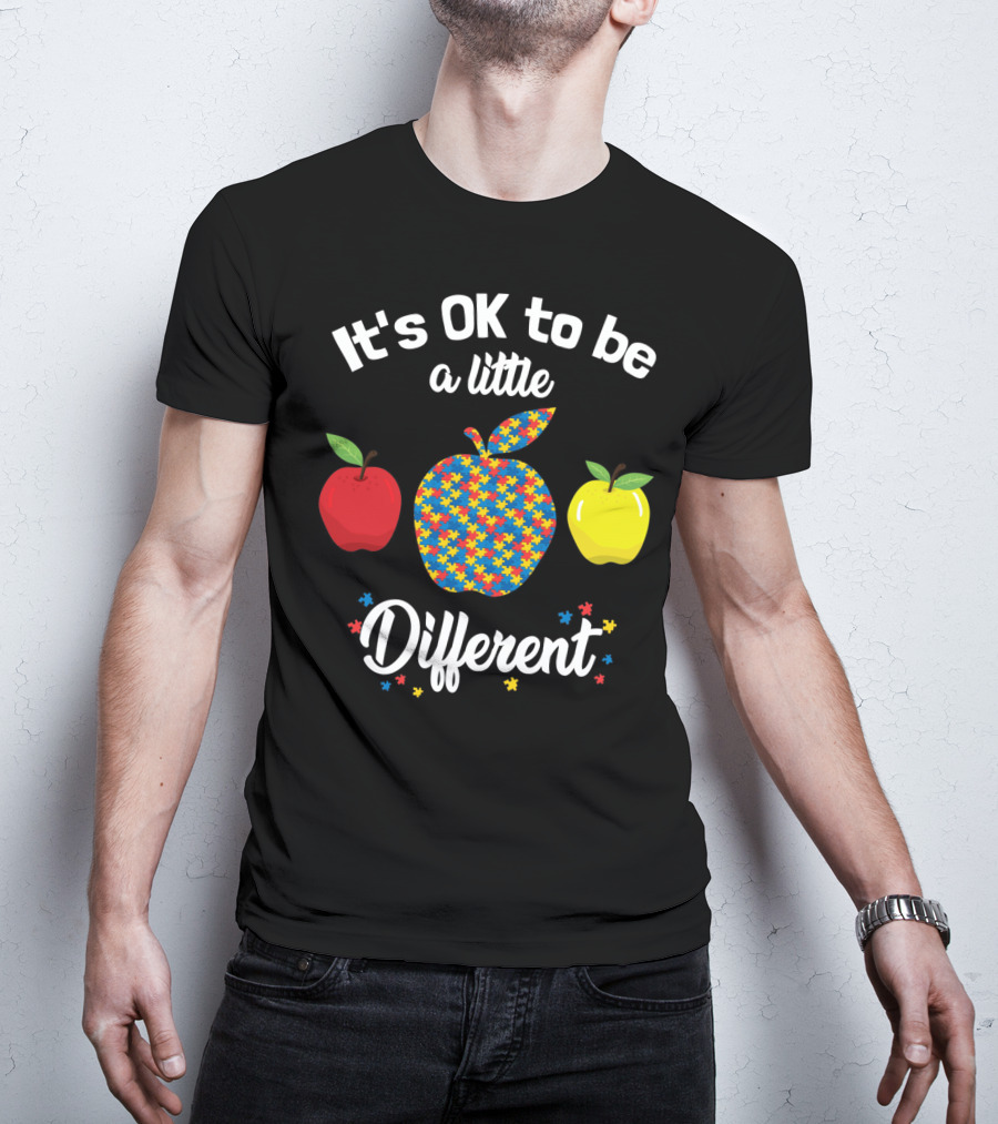 It's OK To Be A Little Different Apple Teacher Aut Puzzle Pattern Red Yellow T-Shirt