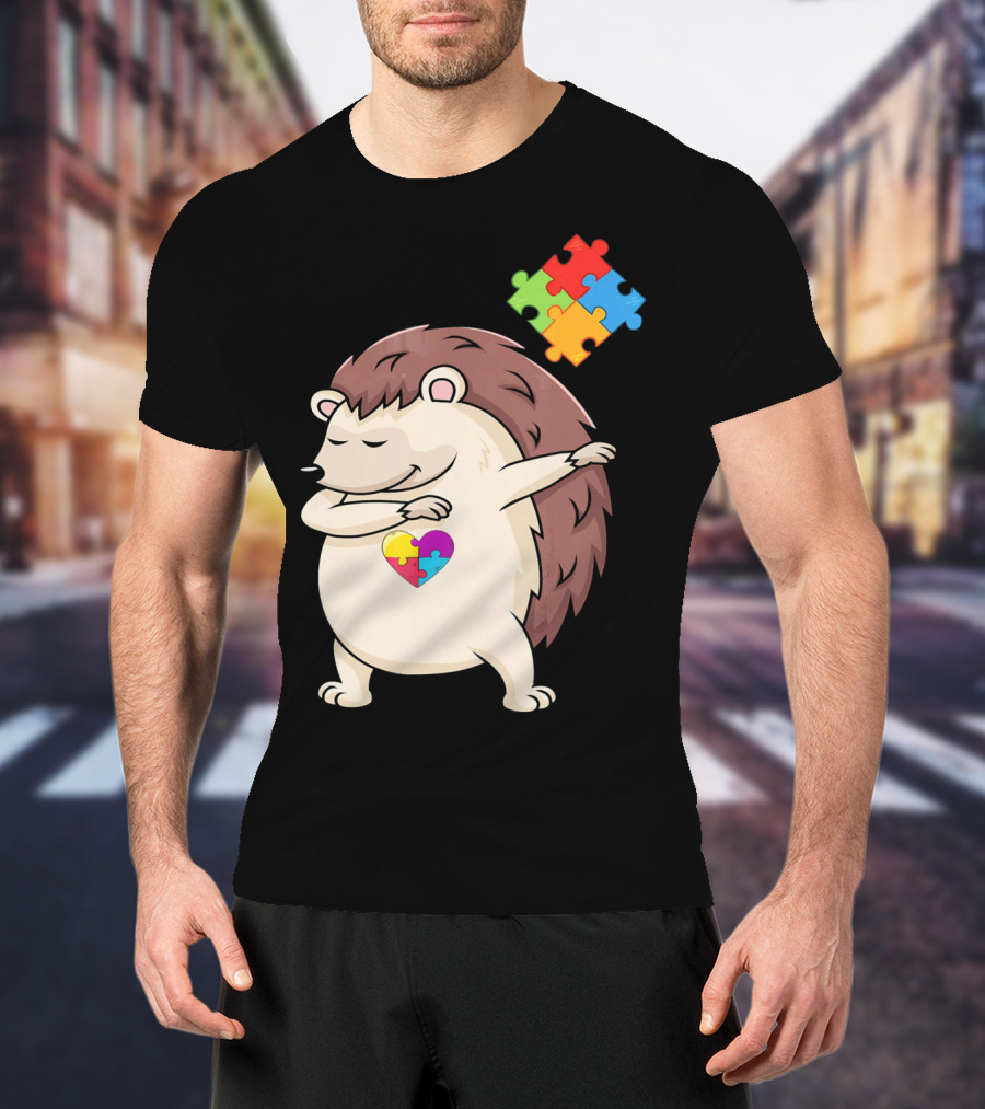 Hedgehog Dabbing With Puzzle Pieces Heart Autism Awareness T-Shirt