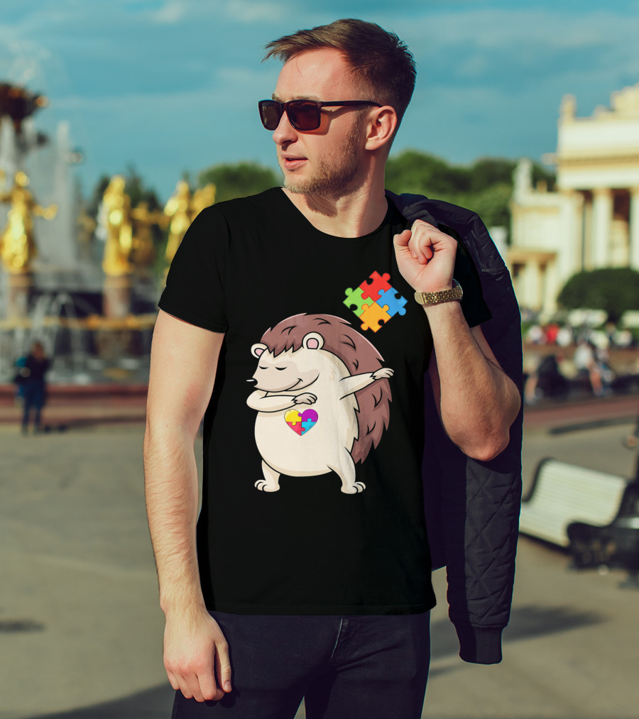 Hedgehog Dabbing With Puzzle Pieces Heart Autism Awareness T-Shirt