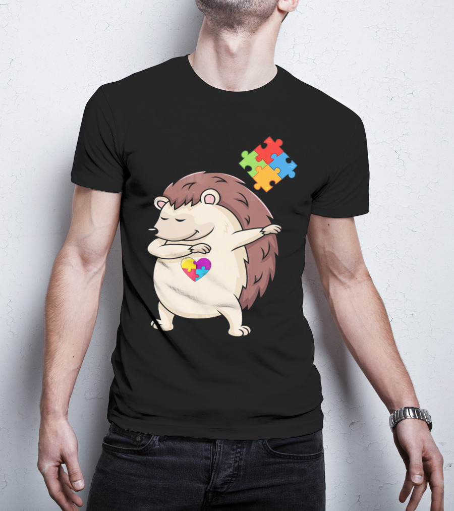 Hedgehog Dabbing With Puzzle Pieces Heart Autism Awareness T-Shirt