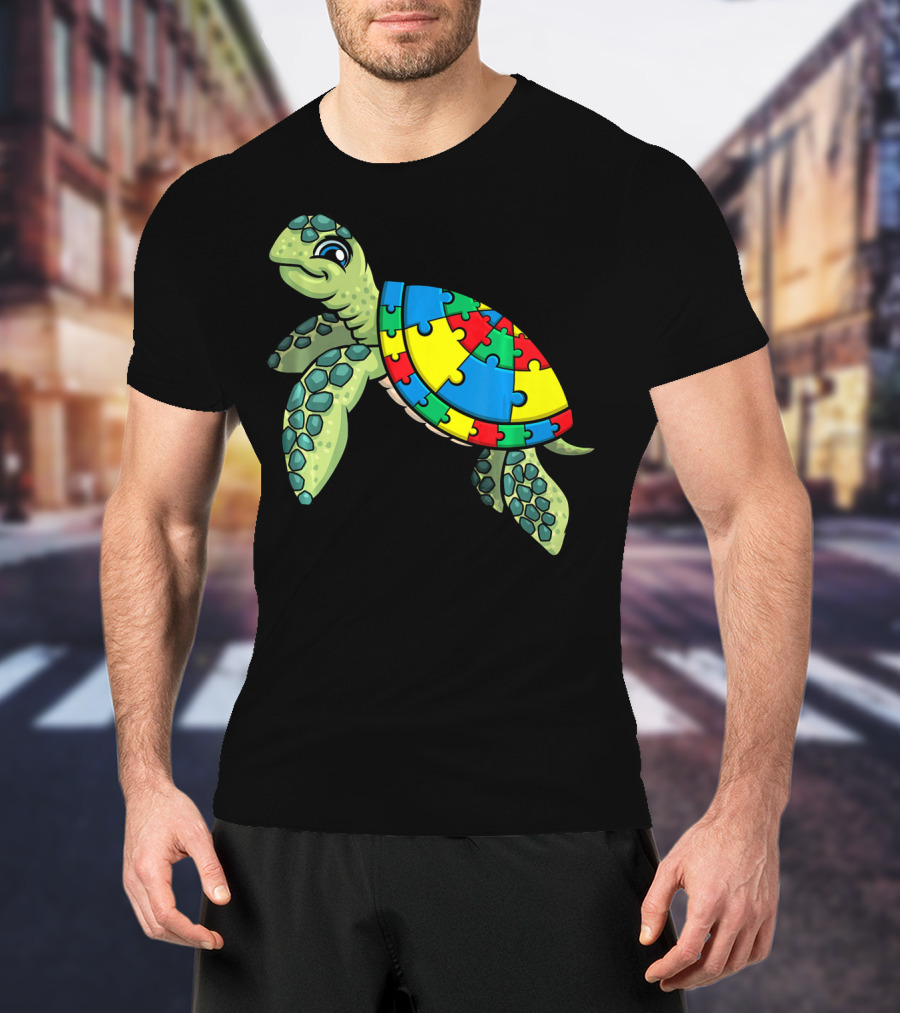 Turtle With Colorful Puzzle Pieces For Autism Awareness T-Shirt