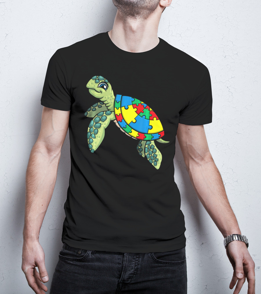 Turtle With Colorful Puzzle Pieces For Autism Awareness T-Shirt