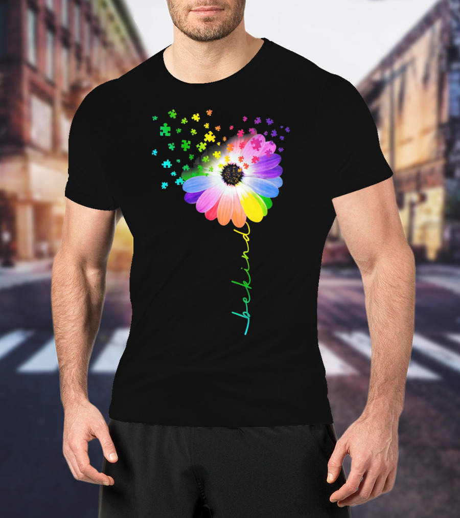 Flower Daisy Dandelion Be Kind Rainbow Puzzle Autism Awareness T-Shirt