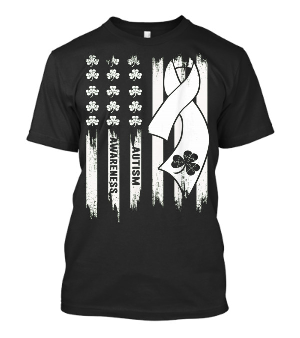 Autism Awareness Ribbon Patrick's Day American Flag Clover T-Shirt