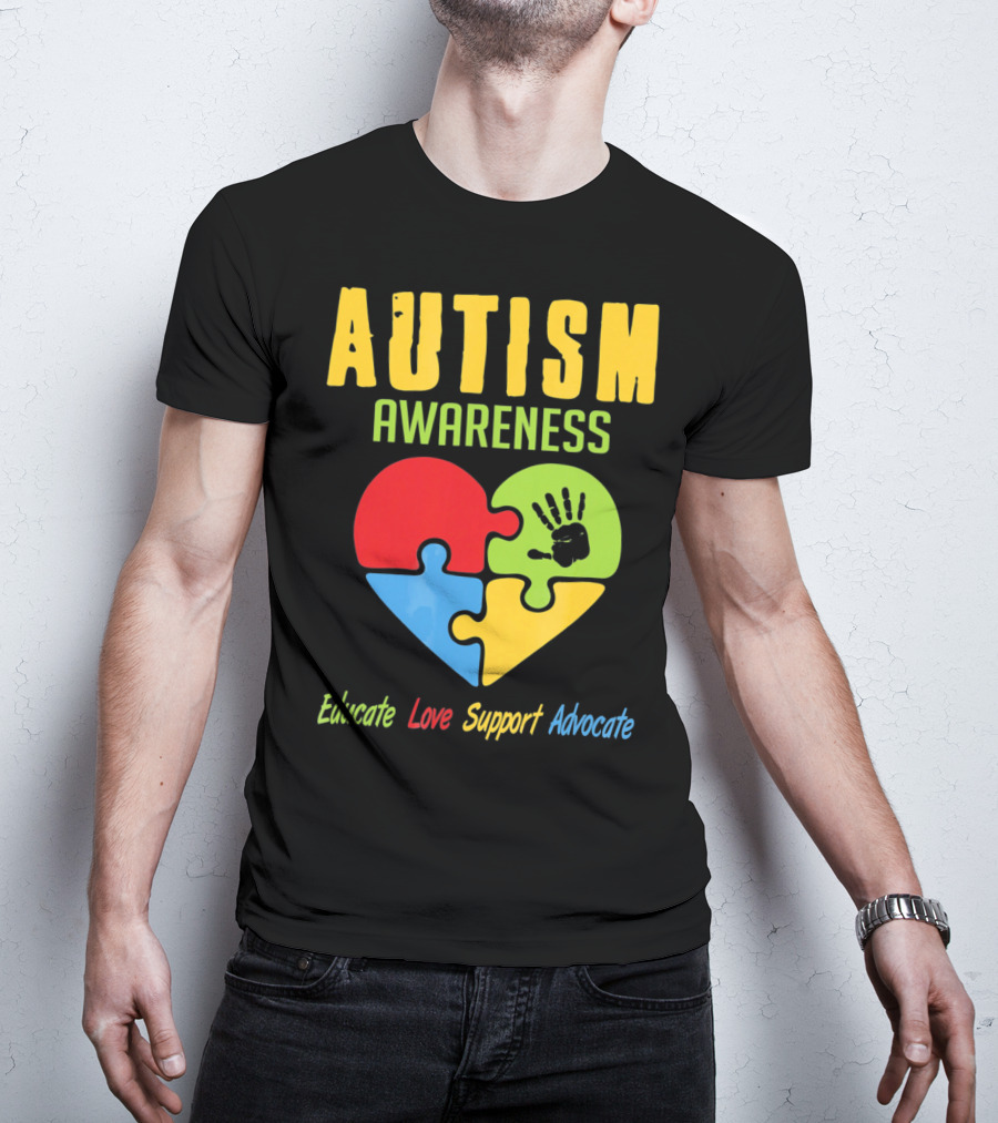 Autism Awareness Advocate Educate Love Support Puzzle Heart Handprint T-Shirt