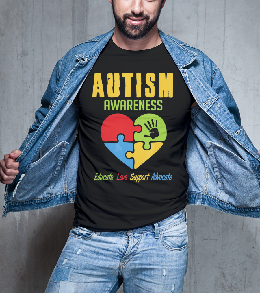 Autism Awareness Advocate Educate Love Support Puzzle Heart Handprint T-Shirt