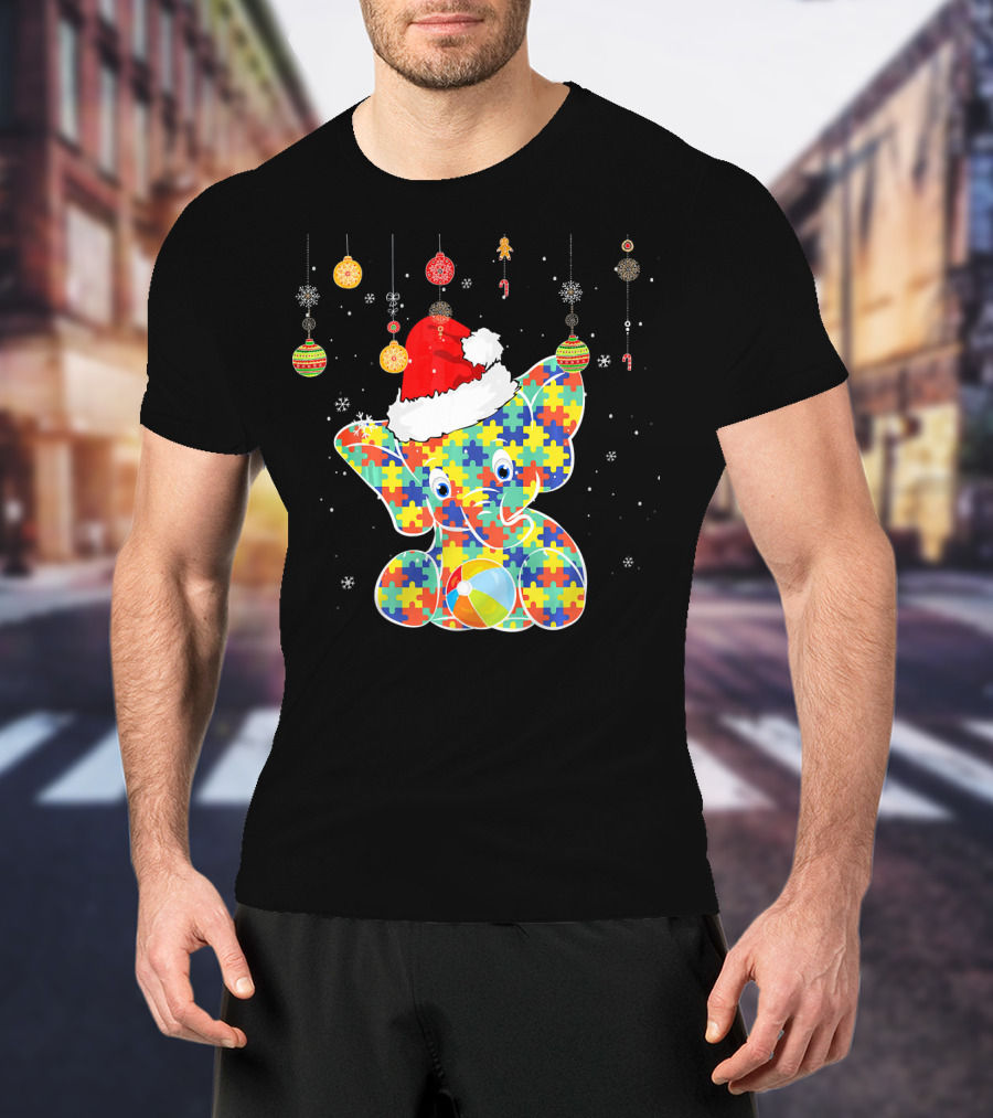 Festive Christmas Elephant In Santa Hat With Autism Puzzle T-Shirt