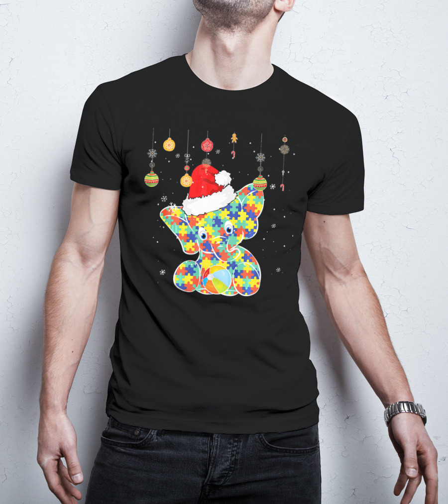 Festive Christmas Elephant In Santa Hat With Autism Puzzle T-Shirt