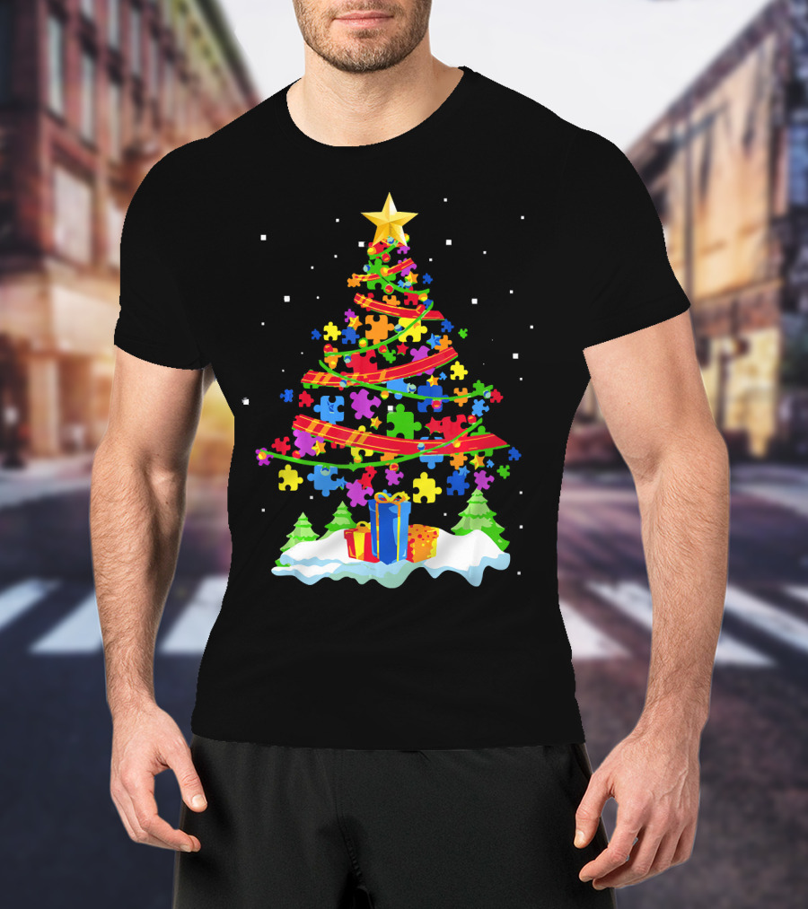 Autism Awareness Christmas Tree Puzzle Pieces Holiday Celebrations T-Shirt