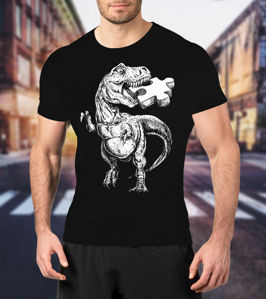 Cool Dinosaur Puzzle Piece Autism Awareness T-Shirt