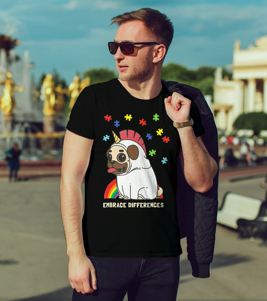 Embrace Differences Autism Awareness Unicorn Pug T-Shirt