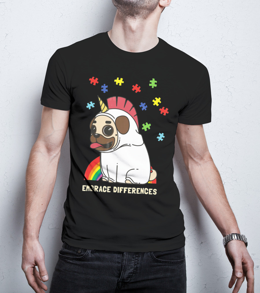Embrace Differences Autism Awareness Unicorn Pug T-Shirt