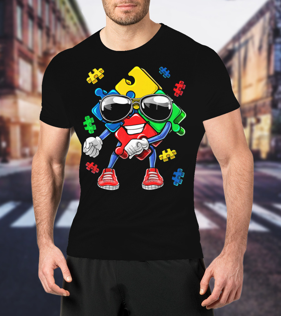 Autism Awareness Flossing Puzzle Piece With Sunglasses And Sneakers T-Shirt