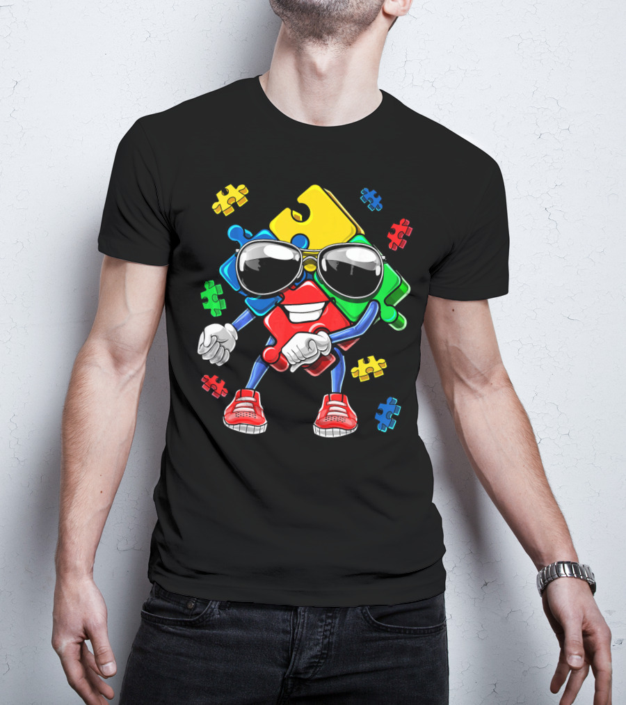 Autism Awareness Flossing Puzzle Piece With Sunglasses And Sneakers T-Shirt