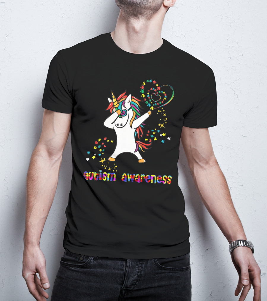 Autism Awareness Dabbing Unicorn Rainbow Puzzle Heart T-Shirt