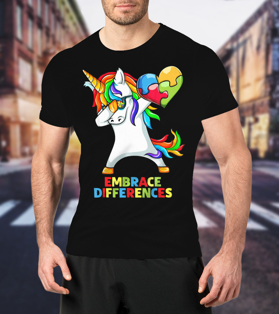 Dabbing Unicorn Embrace Differences Autism Puzzle Heart T-Shirt