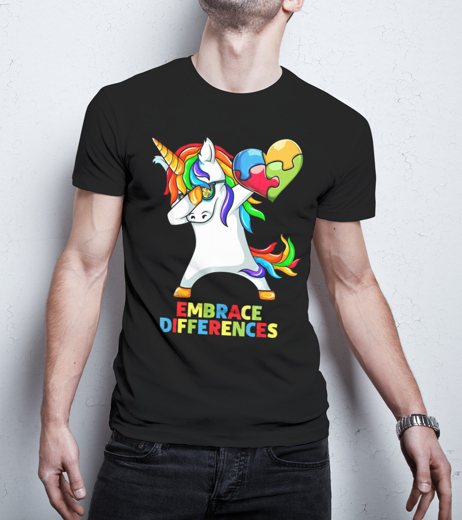 Dabbing Unicorn Embrace Differences Autism Puzzle Heart T-Shirt