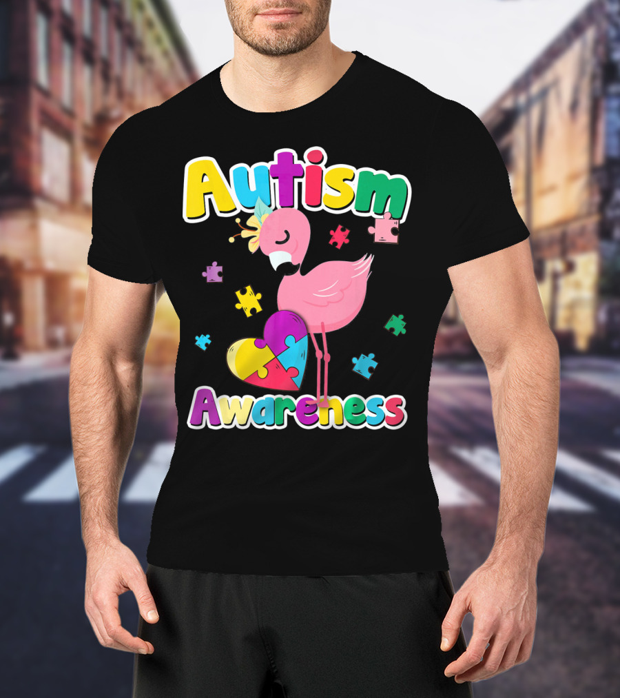 Autism Awareness Flamingo Heart Puzzle Pieces T-Shirt