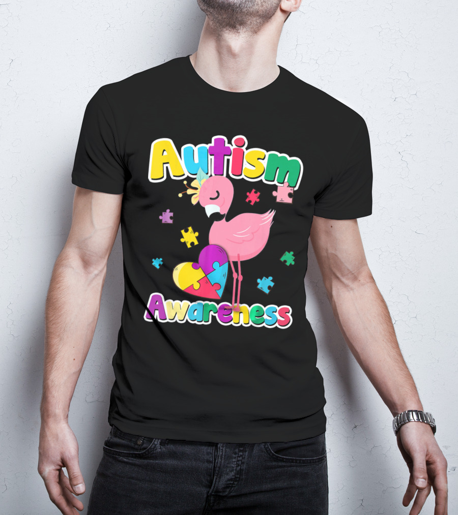 Autism Awareness Flamingo Heart Puzzle Pieces T-Shirt