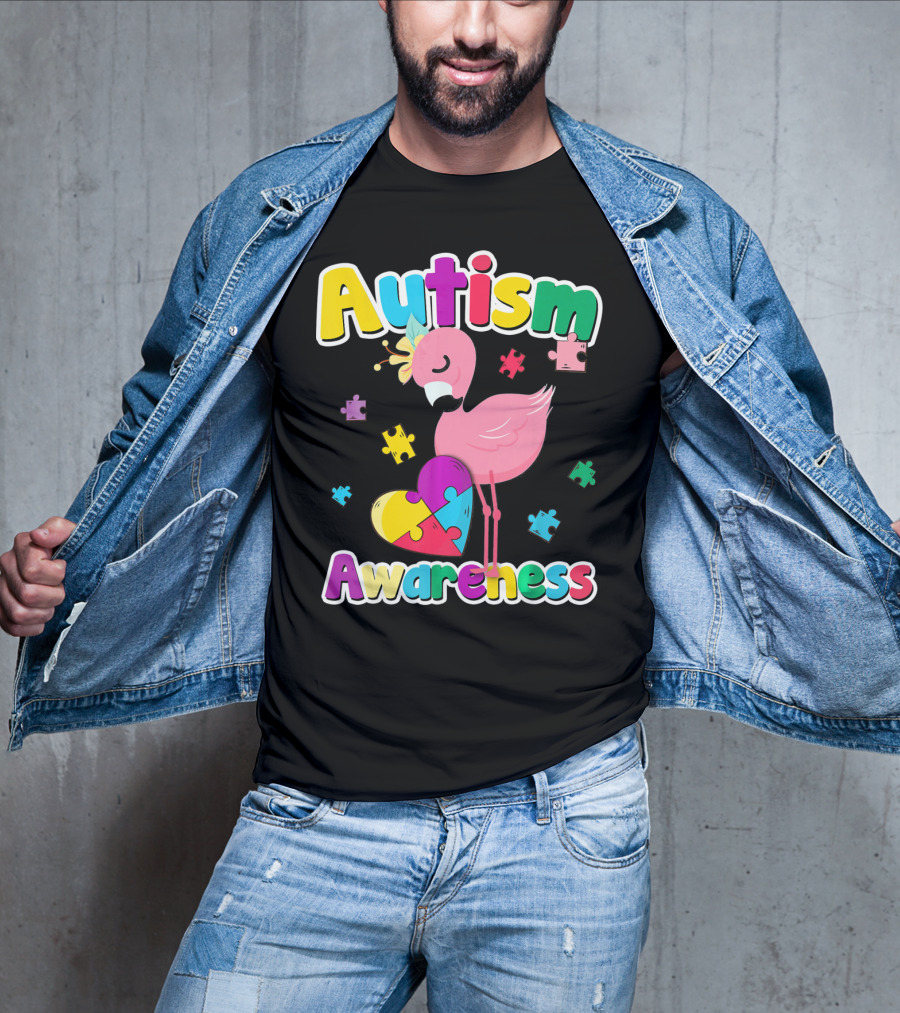 Autism Awareness Flamingo Heart Puzzle Pieces T-Shirt