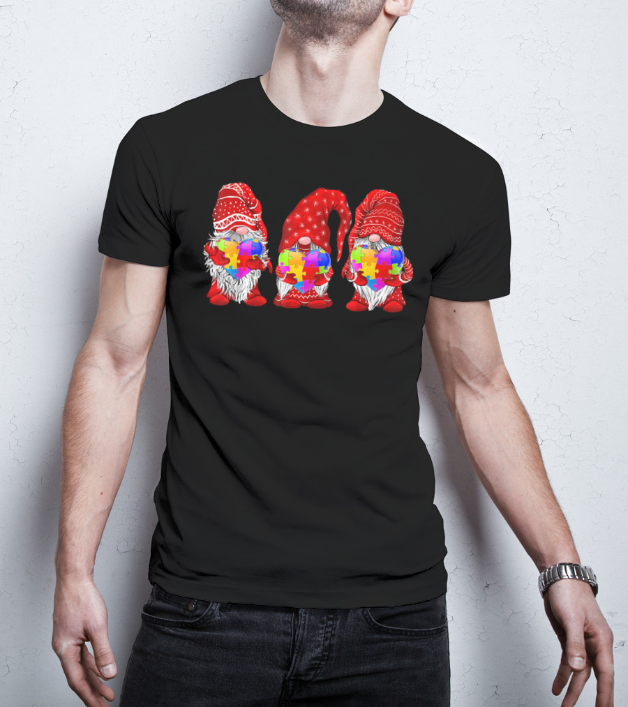 Autism Awareness Gnomies Red Hats Holding Colorful Puzzle Pieces T-Shirt