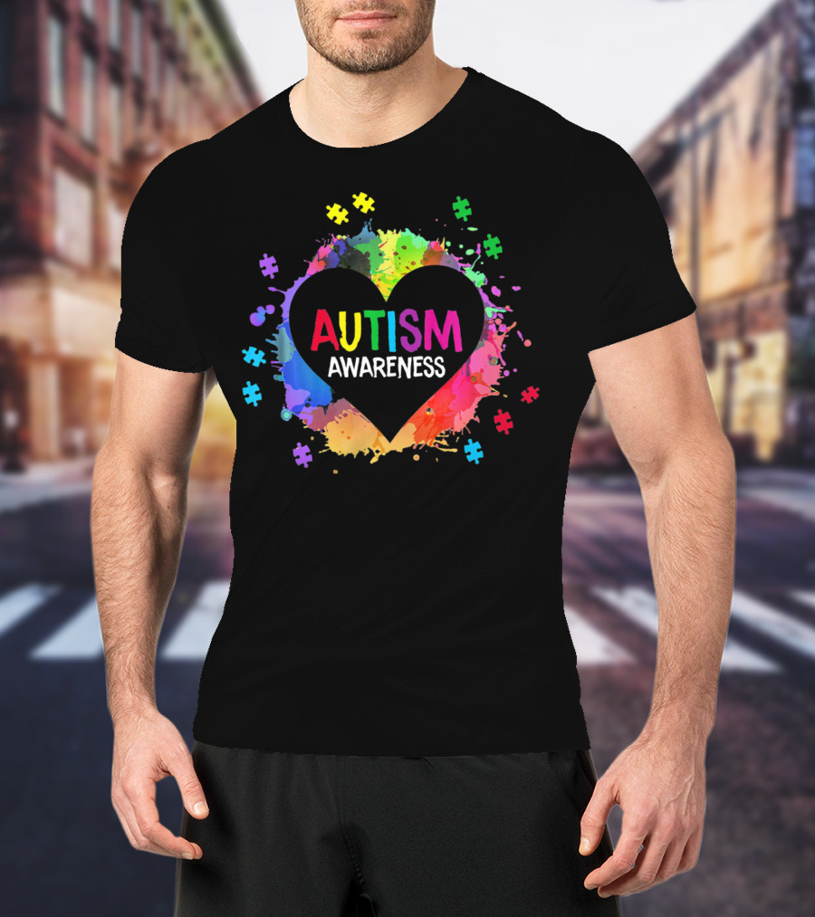 Autism Awareness Colorful Heart Puzzle Splash T-Shirt